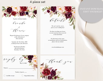 Printable Wedding Invitation, Wedding Invitation template, Burgundy Wedding Invitation, Marsala Wedding, Digital Wedding invitation, PDF