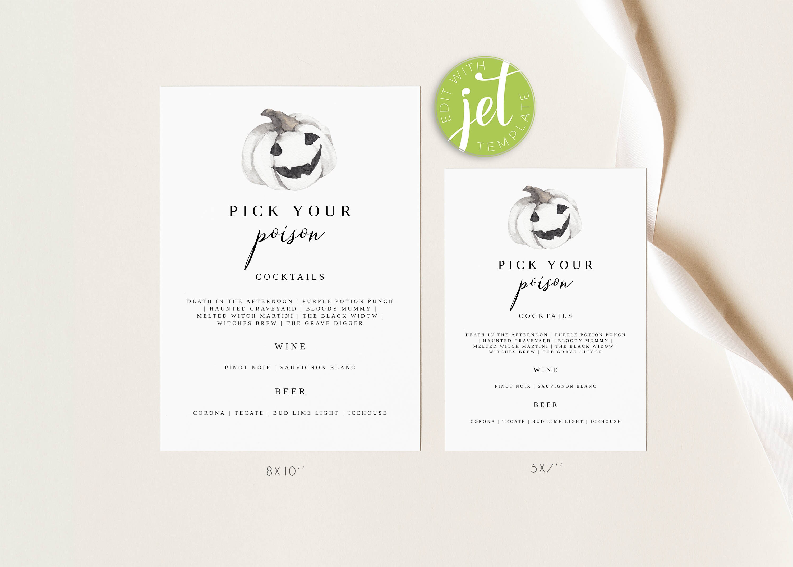Halloween Bar Menu Template Watercolor Pumpkin Printable Etsy