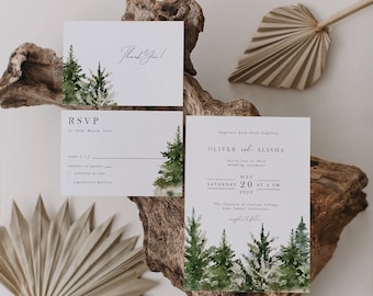 Pine Wedding Invitation Set, Pine trees invitation set, Woodland Pine, Rustic Wedding, Printable forest invitation, Editable wedding invite