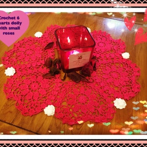 Crochet written pattern - 6 hearts doily with small roses
