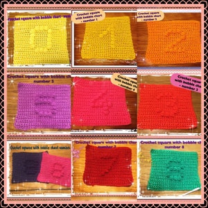 Patrón escrito - Cuadrados a crochet con diagrama de puntos pompones - Números