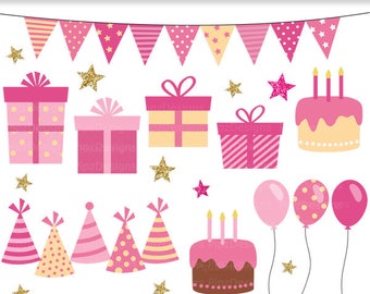 Pink Birthday Clipart - Gold glitter stars, party hats, bunting, balloons, cake, presents, clip art for commercial use PNG