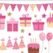 Pink and Gold Birthday Clipart - card, party hats, bunting, balloons, cake, presents, baby, gifts clip art, glitter stars, instant download
