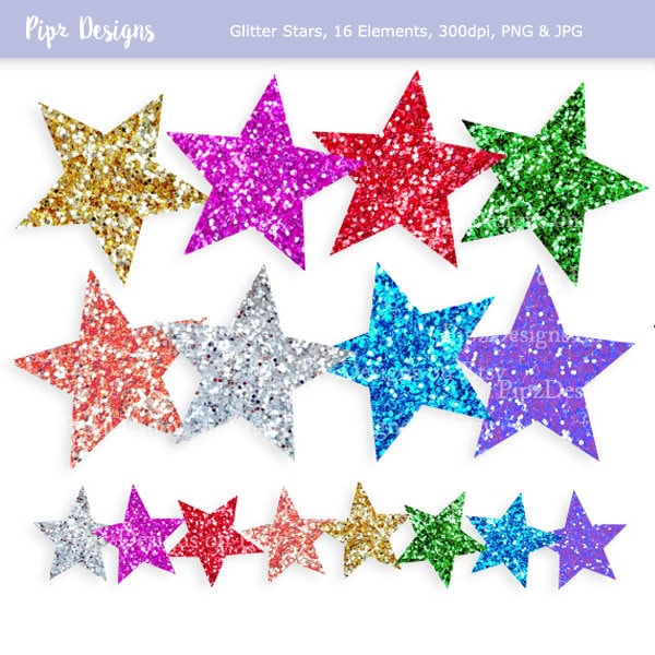 Glitter Stars Clipart, Sparkly gold, silver and multicolored star clip art, JPG & PNG for DIY and commercial use