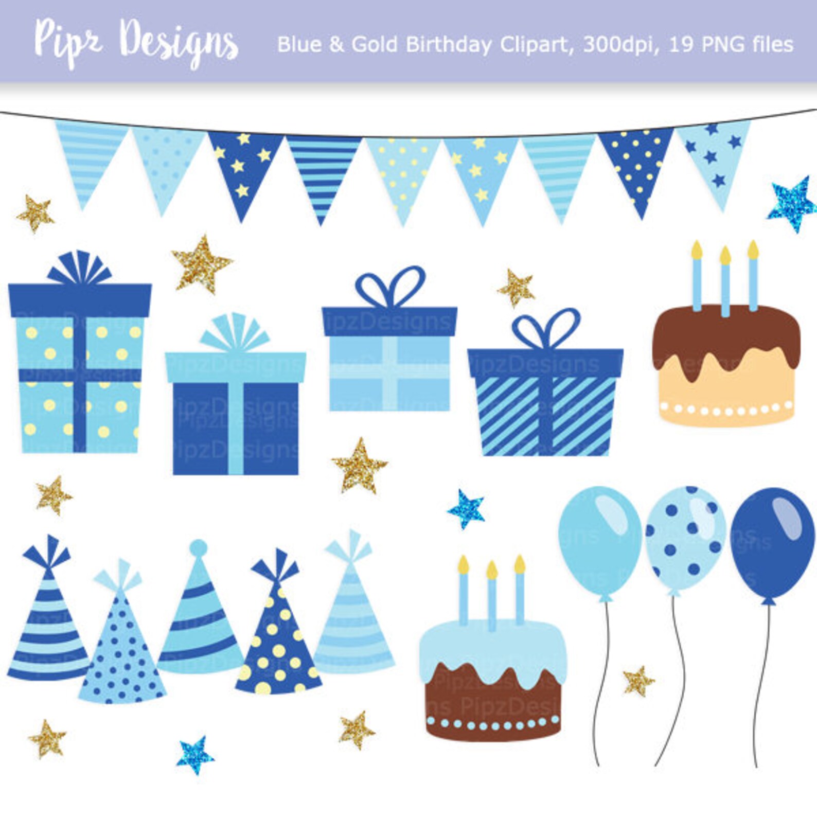 Birthday Clipart, Blue and Gold Clip Art, Glitter Stars, Party Hat