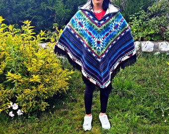 Colorful Boho Woman's Poncho | Music Festival Alpaca Poncho | Hooded Alpaca Poncho | Native American Cape with Fringes | V Shaped Poncho