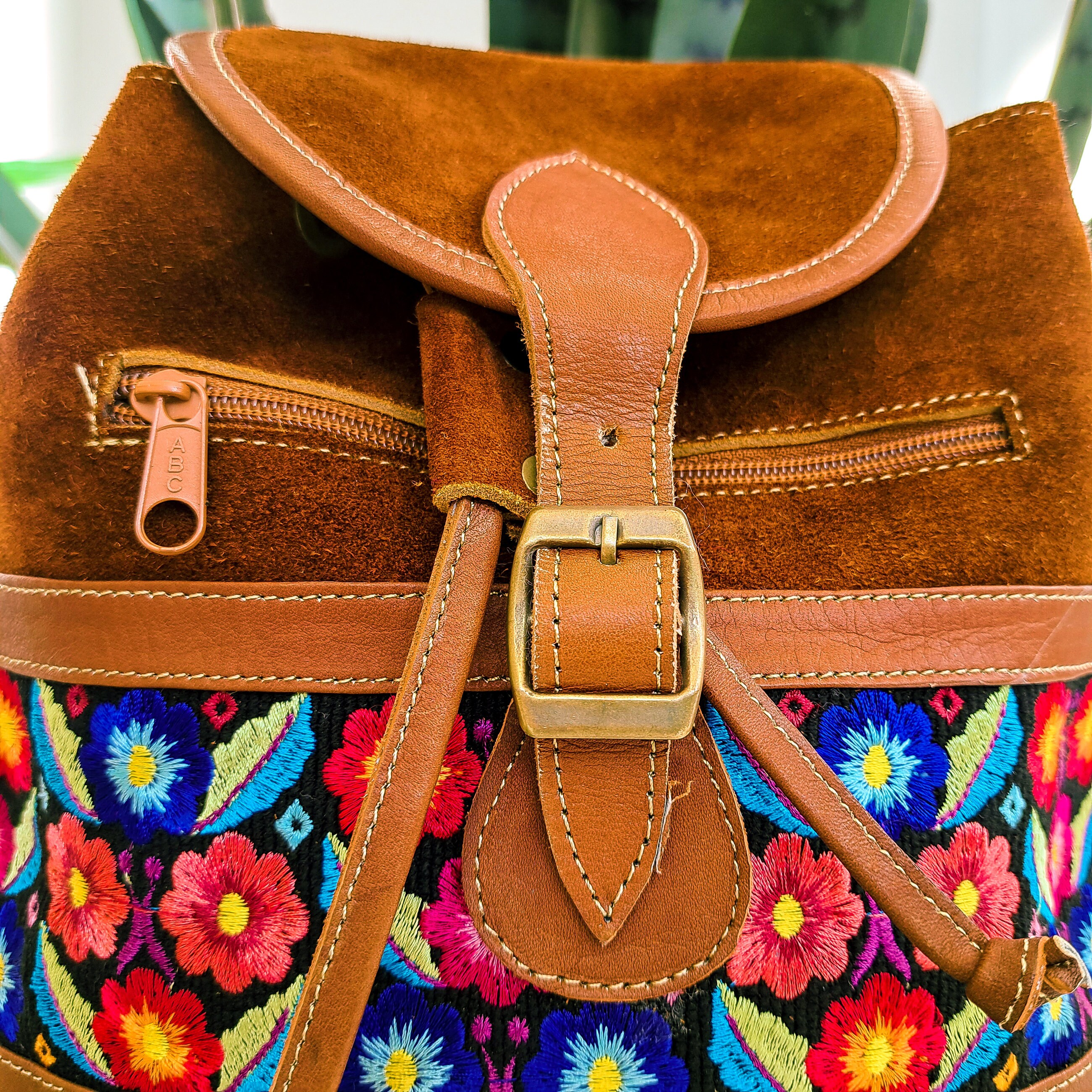 Handmade Suede Leather Backpack: Floral Embroidered Boho Bag  display picture 2