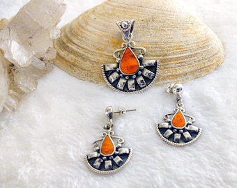 950 Silver Inlaid with Orange Spondylus | Tumi Inspired SilverJewelry | Inka Silver Jewel Set | Peruvian handmade silver 950