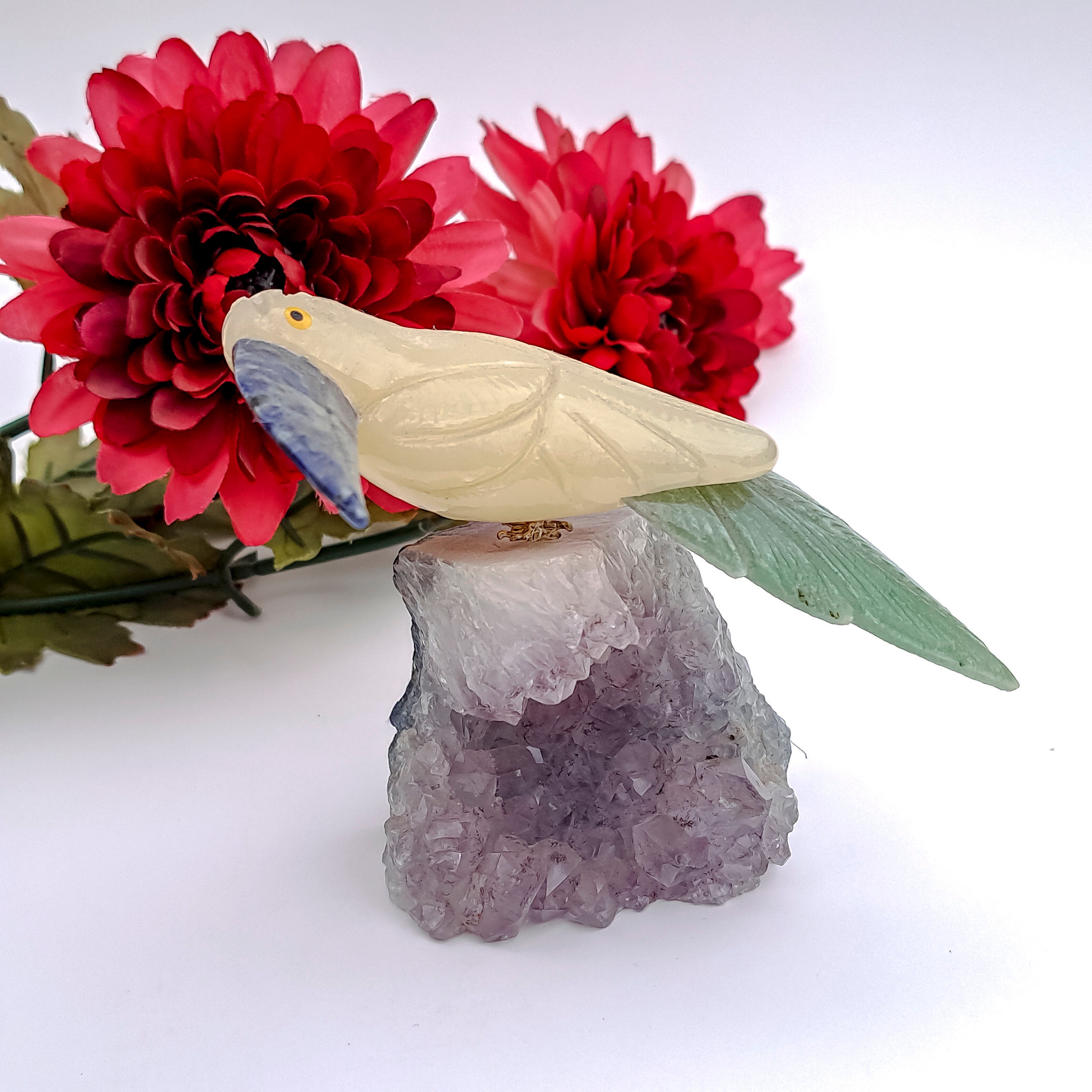 cheap online clearance Rock Crystal Chrystal Bird Sculpture Stand  Sculpture, Rainforest With Tucan Bird, Ivory Amethyst Quartz Crystal  Sculpture on Top of a Cluster of Amethyst