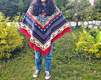 Hippie Alpaca Poncho | Music Festival Alpaca Poncho |  Colorful Woman's Poncho | Native American Cape with Fringes | Boho V Shaped Poncho /