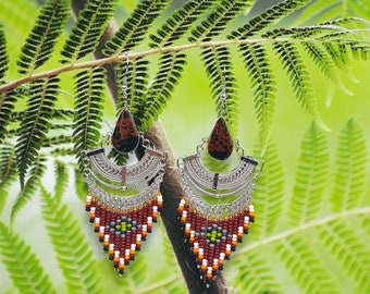 Peruvian Tiger's Eye Chandelier Earrings with Seed Beads | Beaded Dangle Earring | Hippie Earrings | Cascade Earrings | Boho Jewelry