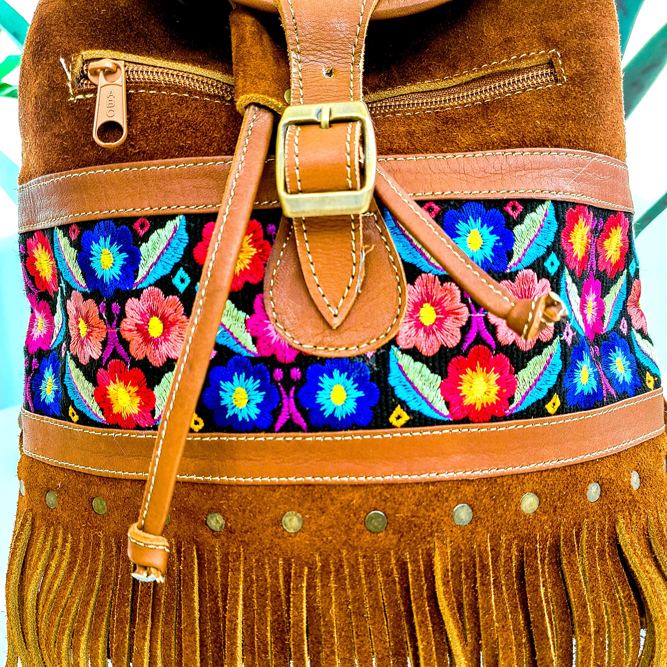 Handmade Artisan Boho Leather  Embroidered Women\'s Backpack Ana Backpack – Floral Embroidered Bag in Brown or Black  main image 2