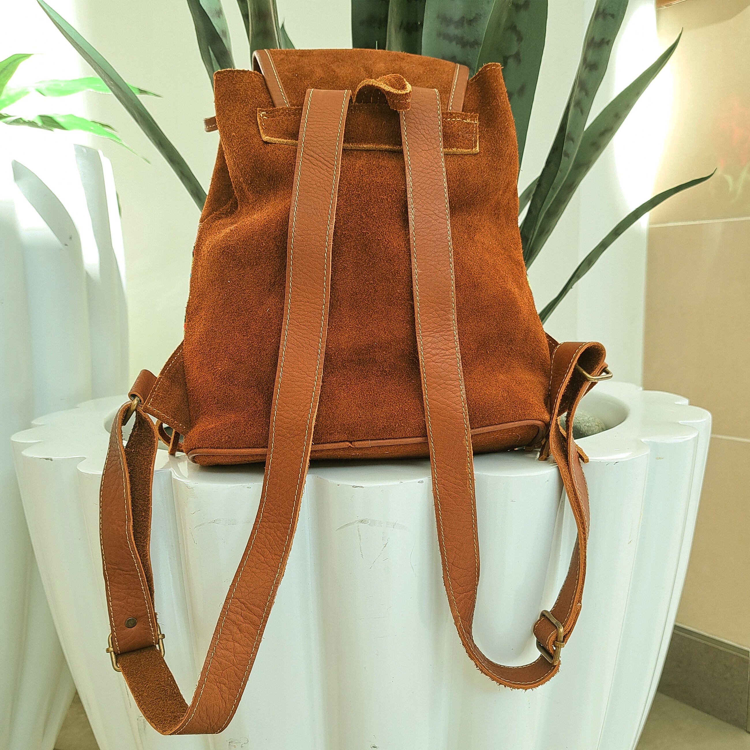 Handmade Suede Leather Backpack: Floral Embroidered Boho Bag 