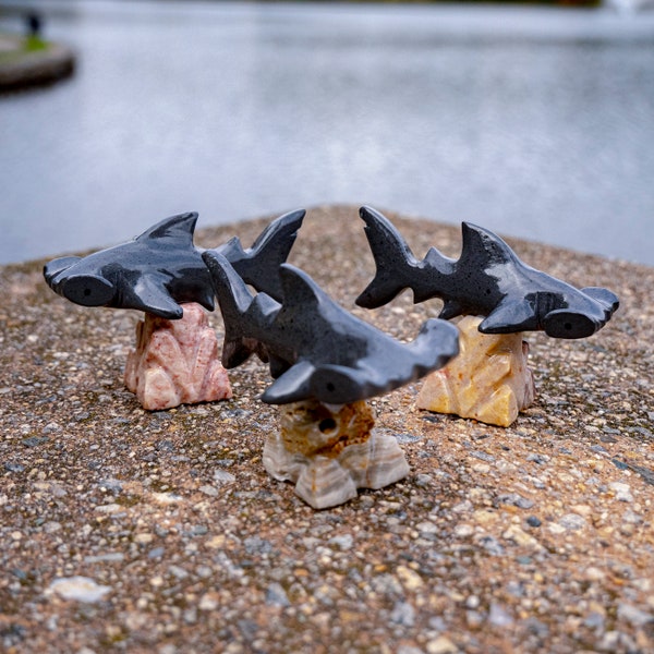 Carved Stone Hammer Head Sharks | Colorful Hand Carved Sharks on Onyx and Marble | Collectors Dyed Painted Sharks | Shark Figurines