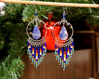Peruvian Sodalite Chandelier Earrings With Seed Beads | Beaded Dangle Earring | 60's Style Hippie Earrings | Cascade Earrings | Boho Jewelry