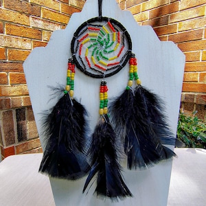 Handmade Rasta Dreamcatcher – Beaded Spiral with Black Feathers | Authentic Dreamcatcher | Handmade Dreamcatcher | Natural Dreamcatchers