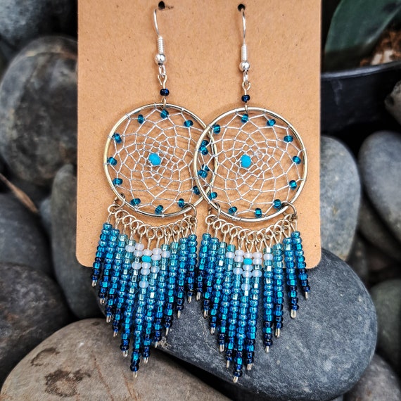 Large Dream Catcher Earrings & Necklace with Turquoise Beads & Feather  (Sterling Silver)