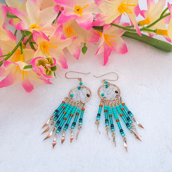 Native American Dreamcatcher Beaded Earrings | Handmade Pink Dreamcatcher Earrings | Dream Catcher Jewelry | Miniature Dreamcatcher Earrings