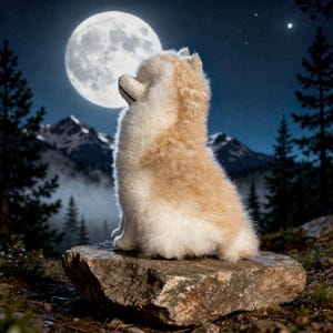 May include: A cream and tan-coloured plush wolf sits on a stone, looking up at a full moon in a night sky. The scene includes a mountain range and evergreen trees, creating a whimsical, nature-themed image.