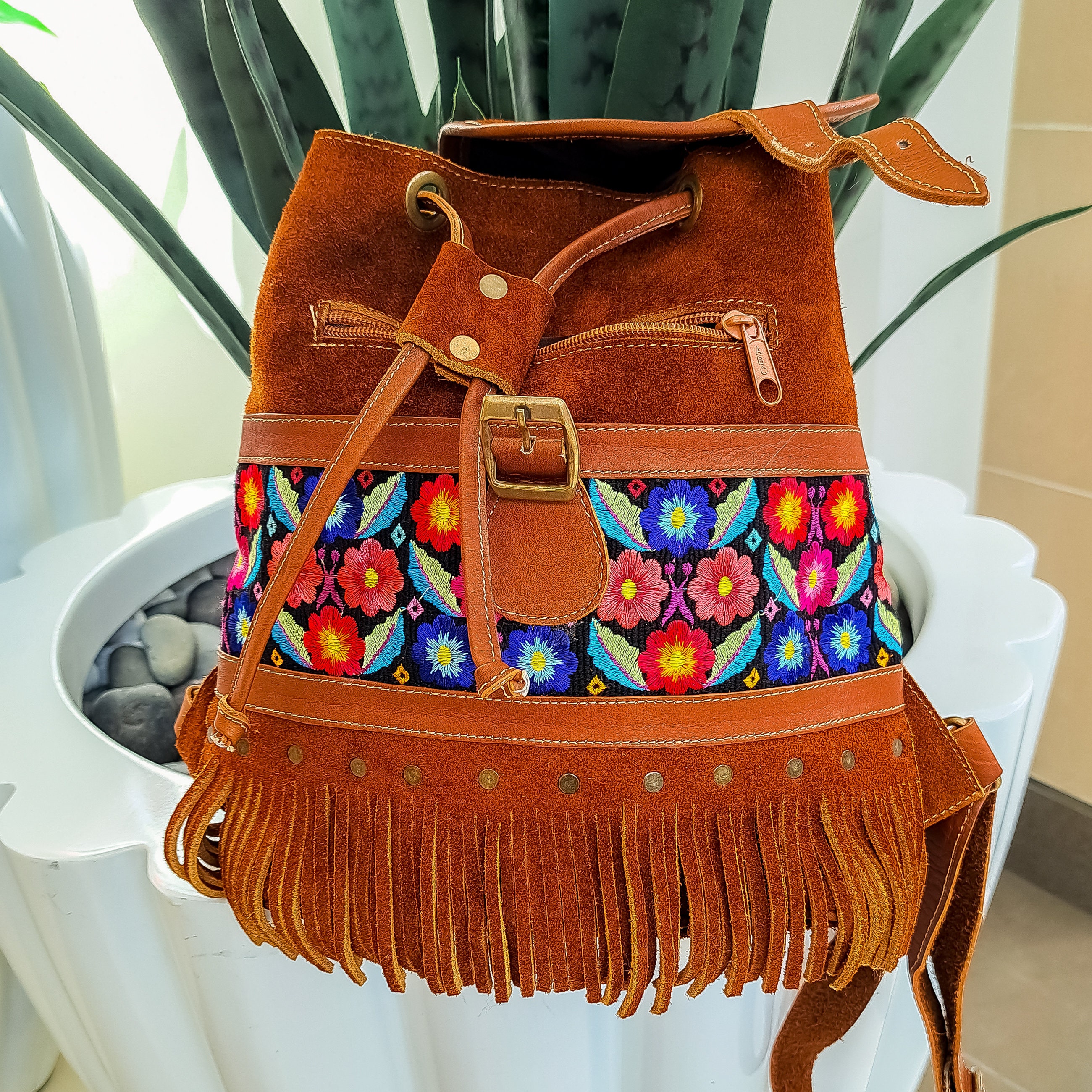 ◎IROCO◎ square suede bag _choco brown Unique Brown Suede Leather and Fabric Andean Backpack