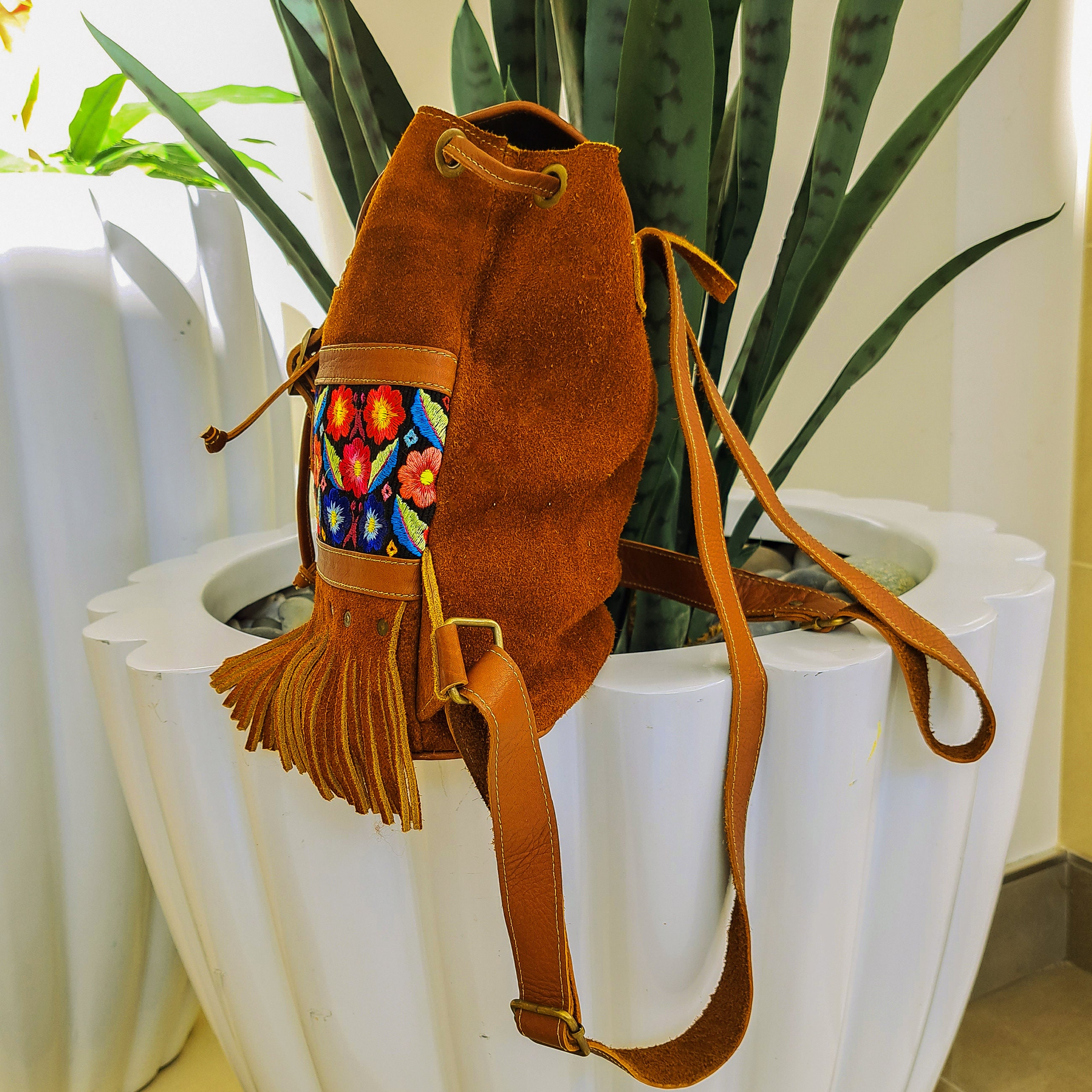 Handcrafted Floral Embroidered Cotton & Faux Suede Backpack Handmade Suede Leather Backpack: Floral Embroidered Boho Bag  main image 4