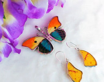 Real Butterfly Pendant and Earring Set | 950 Silver Jewelry Set | Recycled Butterfly Wing Jewelry | Real Wing Earrings and Pendant