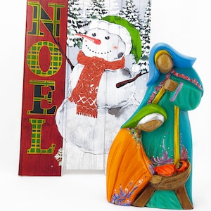 Wooden Nativity Statue | Wood Carved Nativity | Colorful Nativity Scene from South America | Rare Collector Nativity Set
