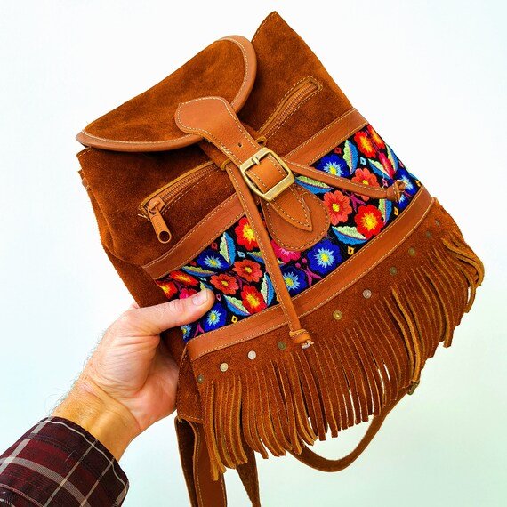 Handcrafted Floral Embroidered Cotton & Faux Suede Backpack Handmade Suede Leather Backpack: Floral Embroidered Boho Bag  main image 4