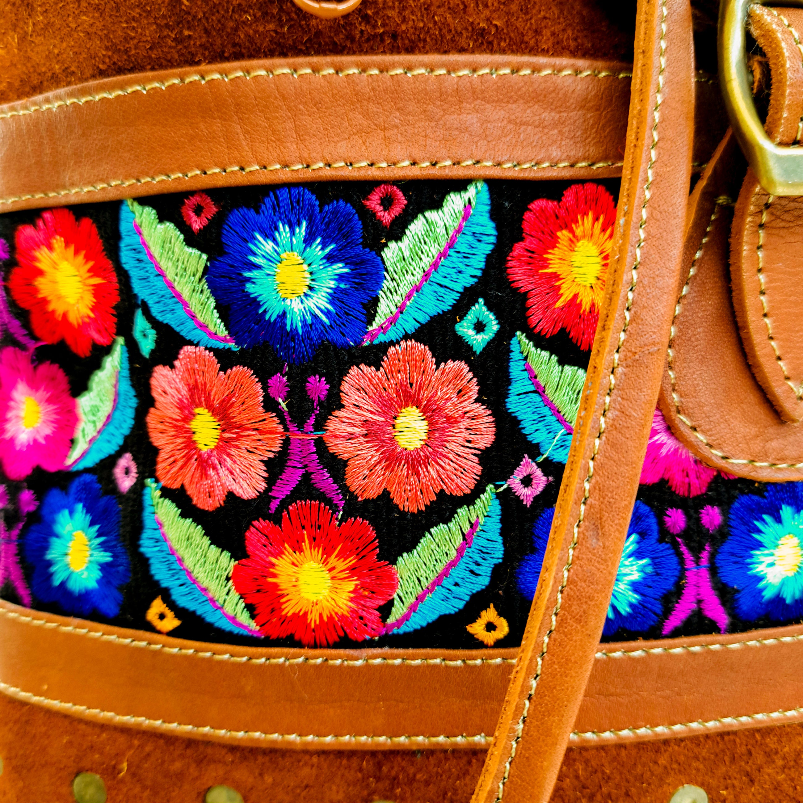 Handcrafted Floral Embroidered Cotton & Faux Suede Backpack Handmade Suede Leather Backpack: Floral Embroidered Boho Bag  main image 3