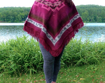 Beautiful Artisan-Crafted Hooded Alpaca Poncho with Unique Indigenous Design |Special Holiday Gift Purple-Maroon Poncho | Free Shipping!!