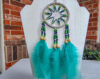 Boho Dreamcatcher: Teal Feathers, Beaded Wall Hanging