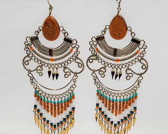 Aventurine Feldspar Chandelier Peruvian Earrings | Sunstone Dangle Earrings | 60's Style Hippie Earrings | Cascade Earrings | Boho Jewelry