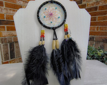 Andean Dreamcatcher: Black Leather, Rainbow Web, Feather Wall Hanging, Dreamcatchers