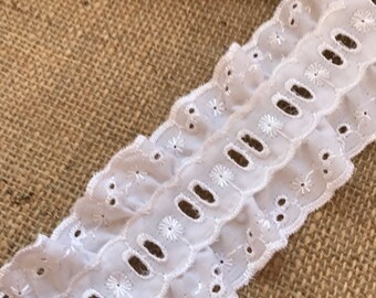 White Iridescent Gathered Lace Double with Eyelet 2.5 inch//6.5 cm