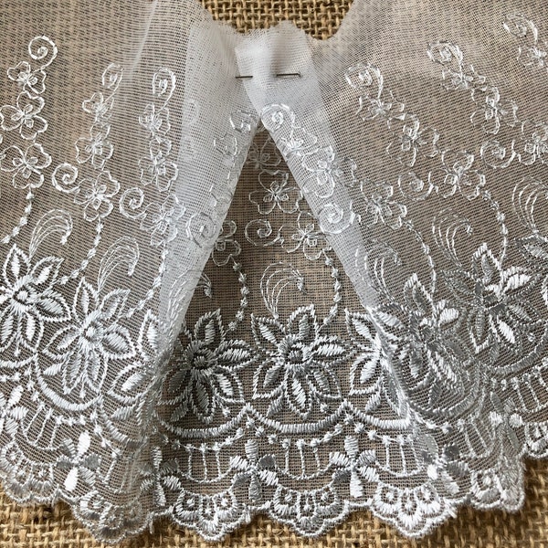 The Lace Co. Delicate Silver Grey Embroidered Voile Lace Trim 15 cm/6"