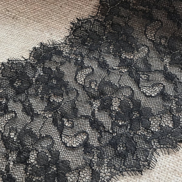 The Lace Co. 2 x 1.6 metres Delicate Gossamer Black Eyelash Edge Bridal Tulle Lace Trim  19 cm/7.5”