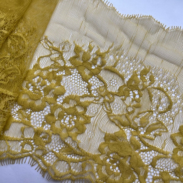 The Lace Co. 2 x 1.35 metres Delicate Ochre Mustard Yellow Eyelash Edge Bridal Tulle Lace Trim  20cm/8”