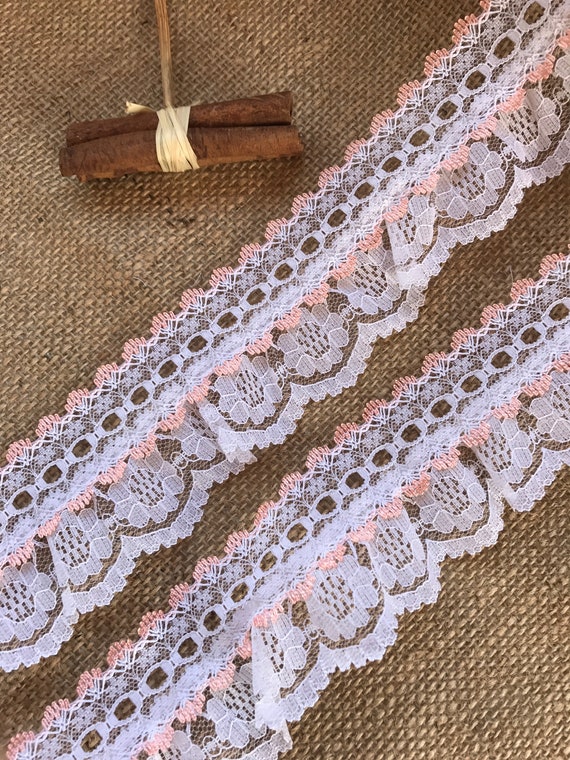 Pretty White With Peach Gathered Lace Ribbon Slot Trim 5 Cm/2.5 by the Lace  Co. 