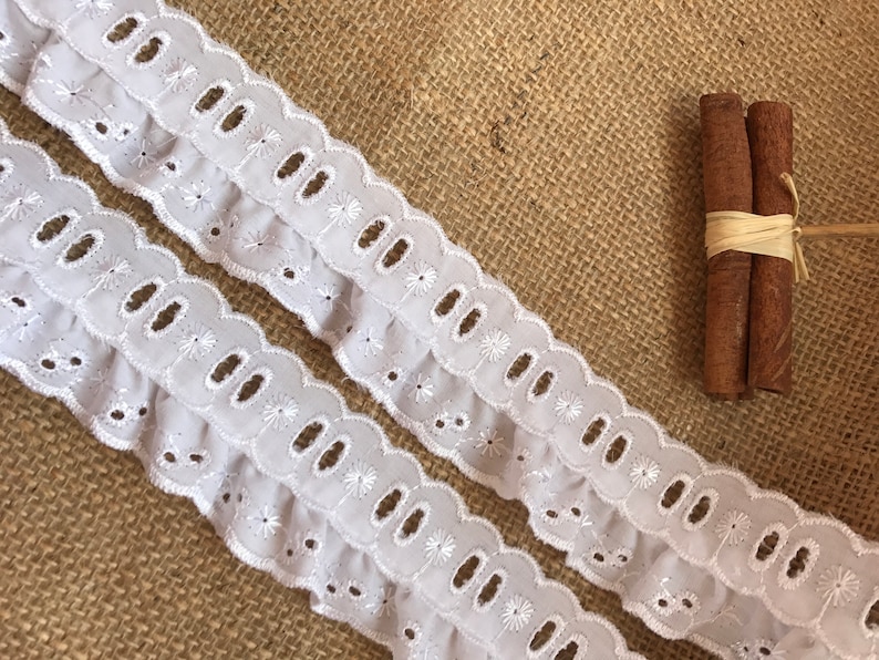 May include: White cotton eyelet lace trim with a ruffled edge. The lace has a scalloped design with small holes and embroidered flowers.