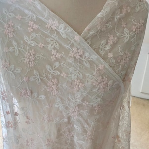 Ivory soft stretch Embroidered Tulle with Pink Rosebuds Allover Lace Fabric 122cm wide The Lace Co.