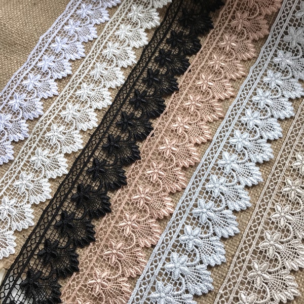 The Lace Co. Guipure Lace Trim  2" White.Black,Ivory, Navy Blue, Rose Gold, Silver or Old gold