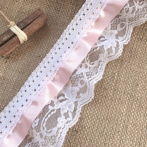 The Lace Co. Gorgeous White & Pink 3 Tier Gathered Frilled Lace with Satin Ribbon 9cm/3.5&quot;