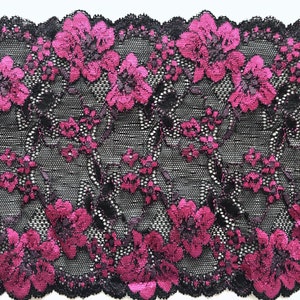 The Lace Co. Black/Pink Stretch Two-Tone Scalloped Lace Trim 15cm/6”