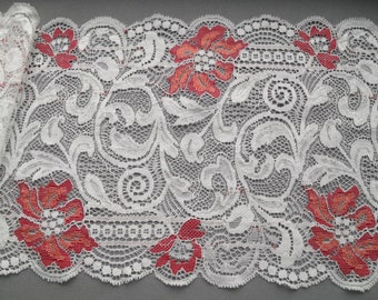 The Lace Co. Ivory/Koralle/Rot Stretch Dreifarbige spitzenborte 18 cm/7"