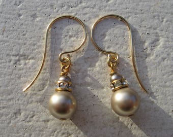 Swarovski platinum pearl drop earrings for Her, with freshwater pearl. Hand Made. 22Kt gold hooks. (8mm pearl)