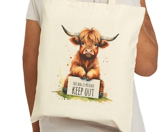 Highland Cow Canvas Tote Bag, Gift for Highland Cow Lovers, Privacy Bag, Keep Out, Gift for Scotland Lover, Scottish Heritage Gift, Coo gift