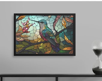 Hummingbird Art in Pointillism Stain Glass Style, Hummingbird Stained Glass Art, Stain-glass humming bird picture, hummingbird gifts