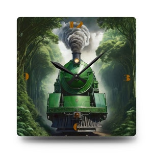 May include: A green steam locomotive train engine with black wheels and a clock face on the front, moving through a tunnel of trees. The clock face has black hands and Roman numeral markings.