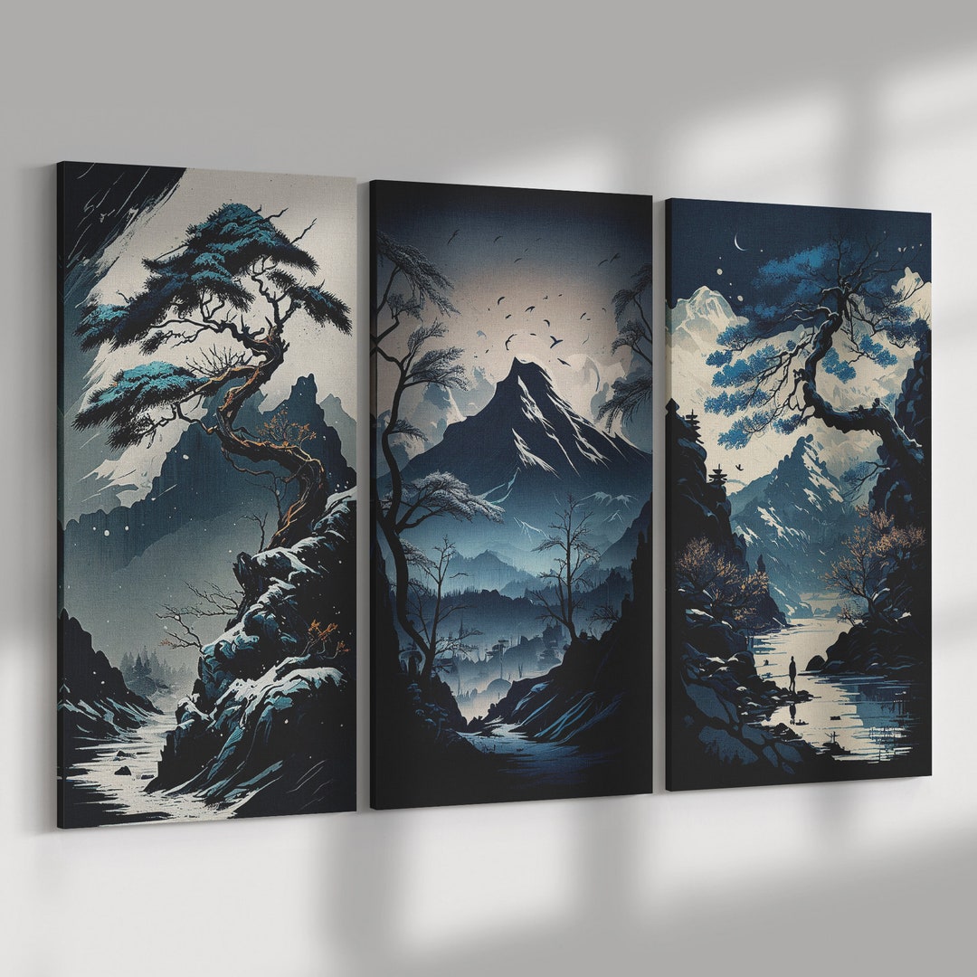 3-piece Canvas Wall Art Blue Mountains Natural Landscape Print Japanese ...