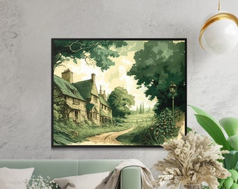 Arte de pared imprimible vintage Cotswolds Lane, descarga digital, arte descargable, aspecto paisajístico, escena rural, arte de pared rústico, English Lane